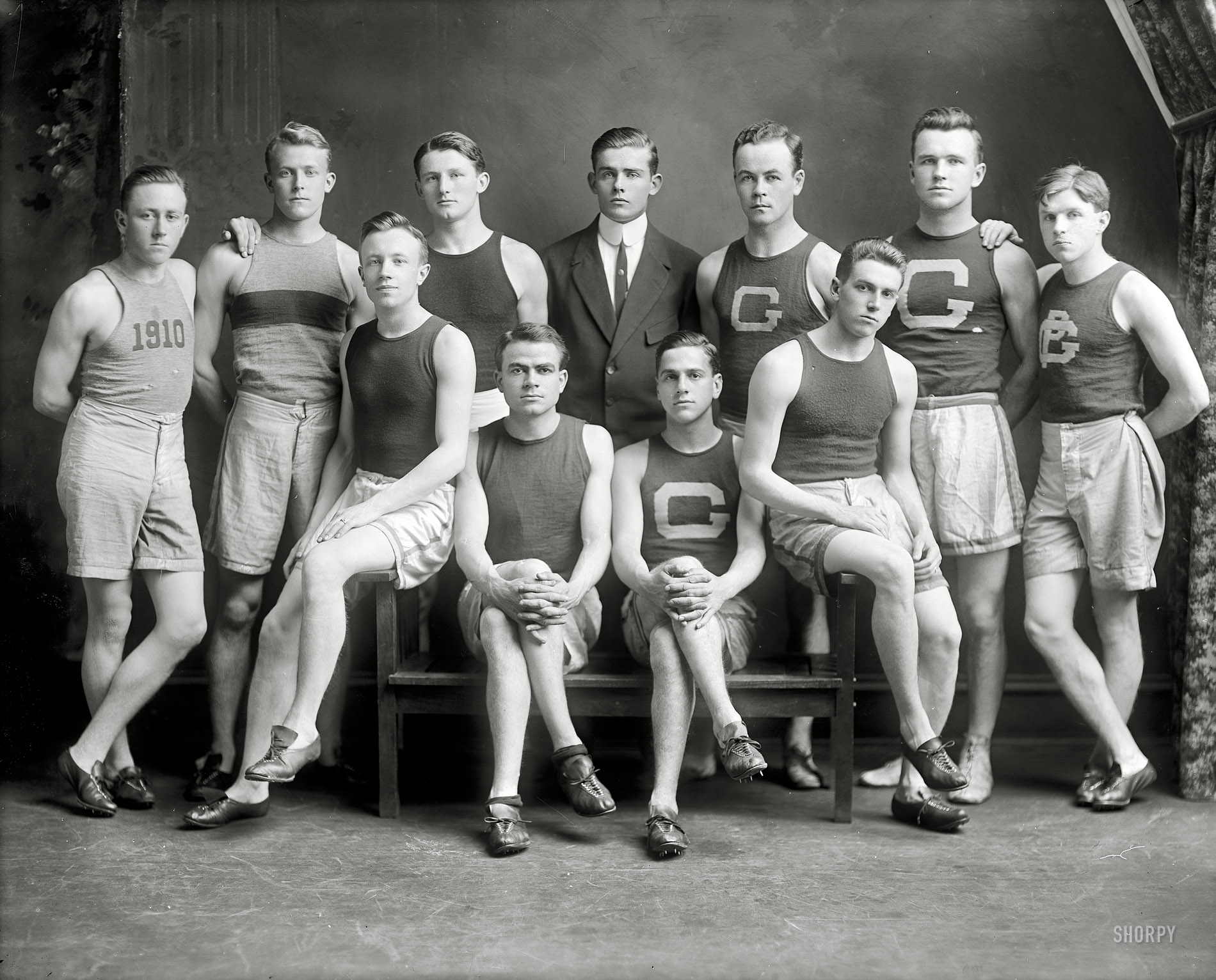 Washington, D.C., circa 1910. "Georgetown Preparatory varsity track team." Dry plate glass negative, Harris & Ewing Collection. View full size.