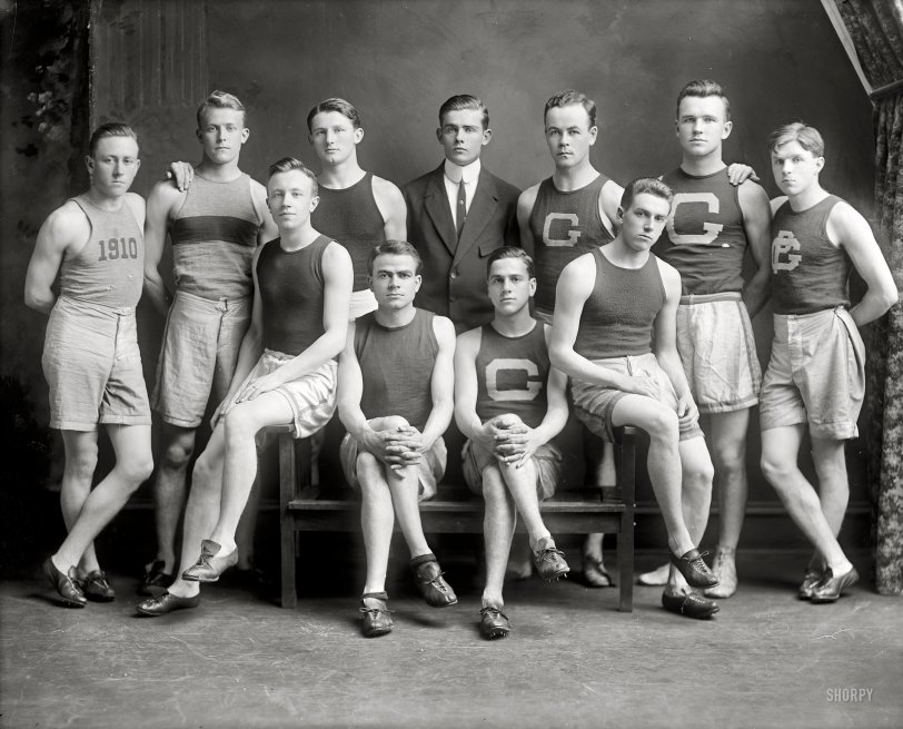 Washington, D.C., circa 1910. "Georgetown Preparatory varsity track team." Dry plate glass negative, Harris &amp; Ewing Collection. View full size.
