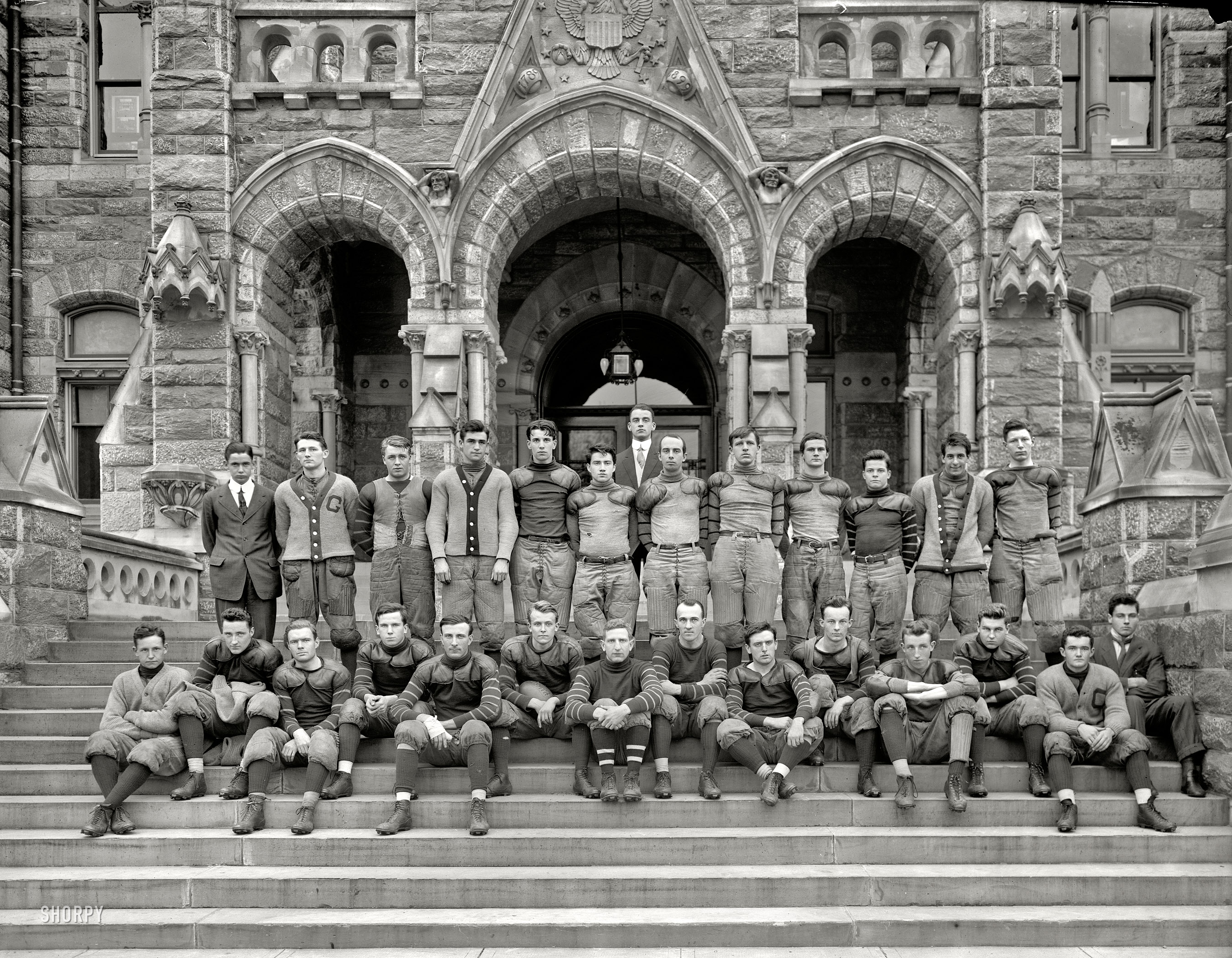Washington, D.C., circa 1910. "Georgetown University football team, Healy Hall." Harris & Ewing Collection glass negative. View full size.