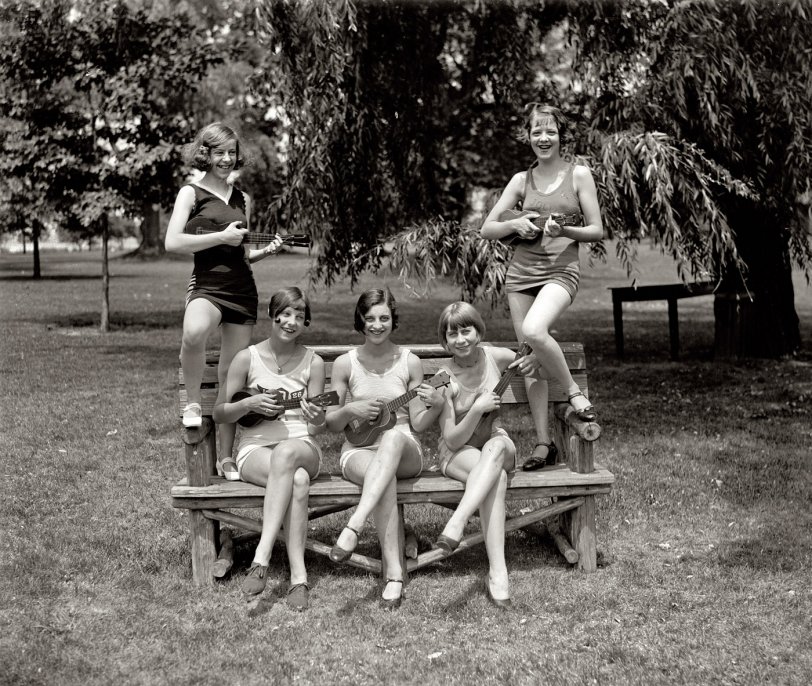 July 9, 1926. Washington, D.C. "Girls in bathing suits with ukuleles." Identified in the caption of another photo as  Elaine Griggs, Virginia Hunter, Mary Kaminsky, Dorothy Kelly and Hazel Brown. National Photo Co. View full size.
