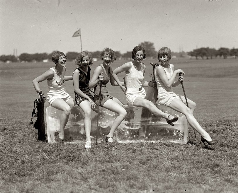 July 9, 1926. "Golf and bathing suits." For the first day of summer, we revisit the lovely ladies seen here a few days ago strumming ukuleles. Now they're on the links with an early air-conditioned golf cart. View full size. National Photo Co.