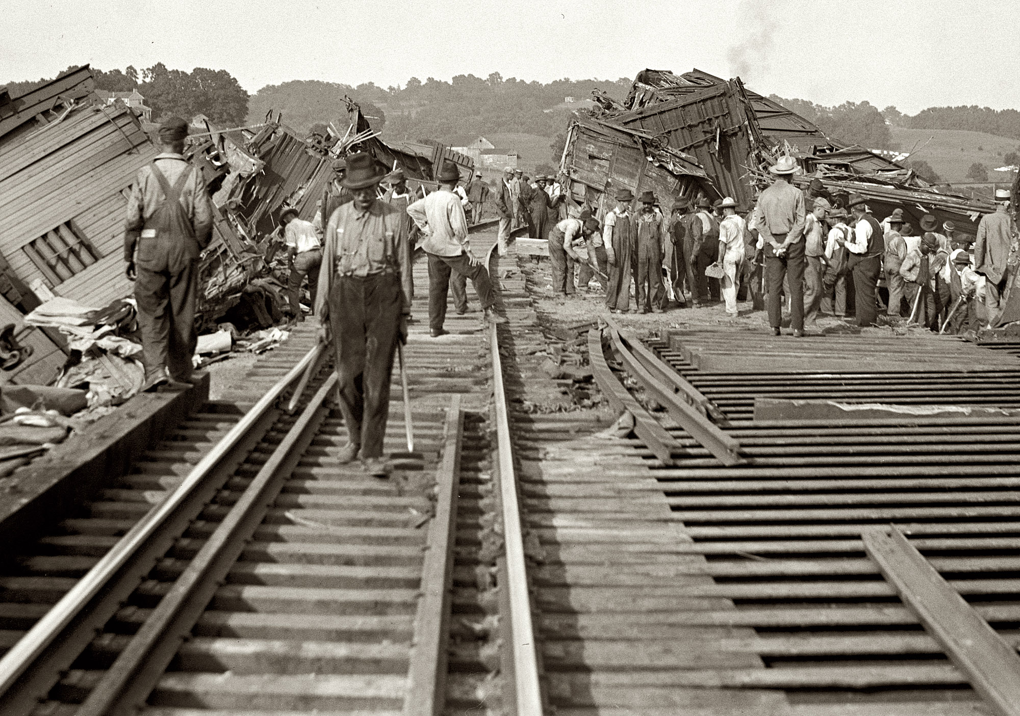 July 20, 1926. "Train wreck at Cameron Run." A 35-car derailment in Virginia. View full size. National Photo Company Collection glass negative.
