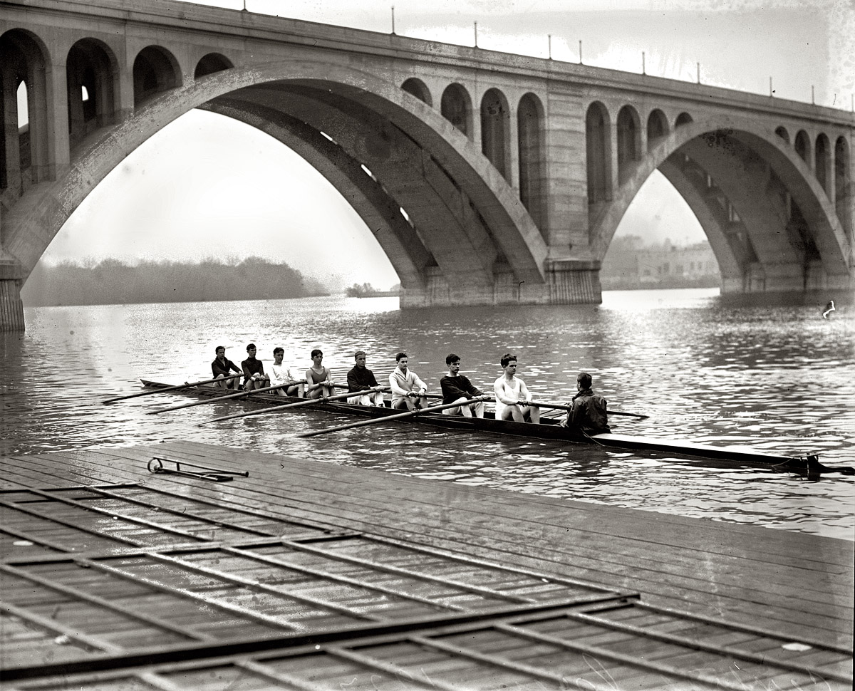 Washington, D.C. Central High shell crew on the Potomac at the Key Bridge in 1927.  View full size. National Photo Company Collection glass negative.