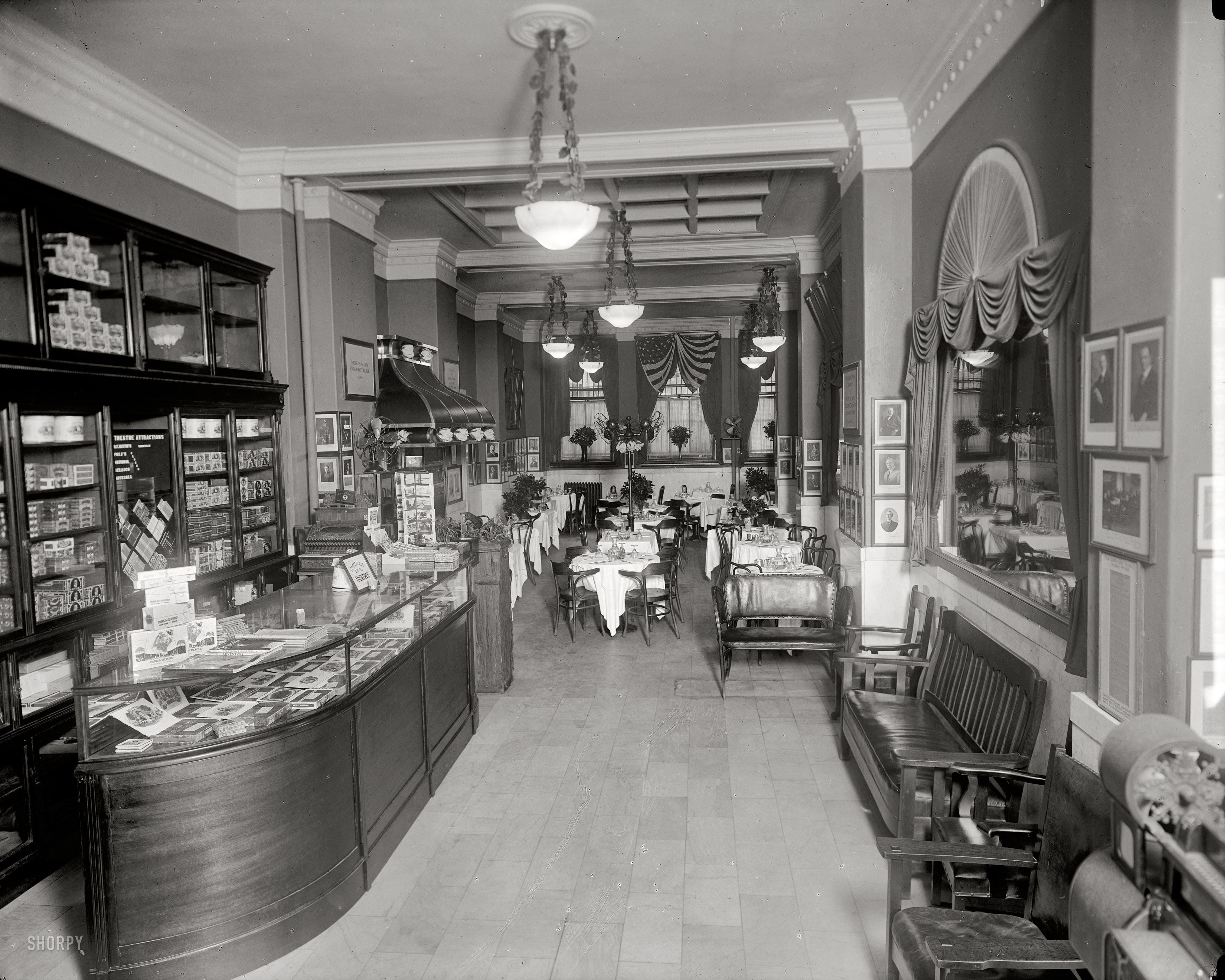 Washington, D.C., circa 1920. "Gus Buchholz, Occidental Hotel interior." A view of the restaurant. Harris & Ewing Collection glass negative. View full size.
