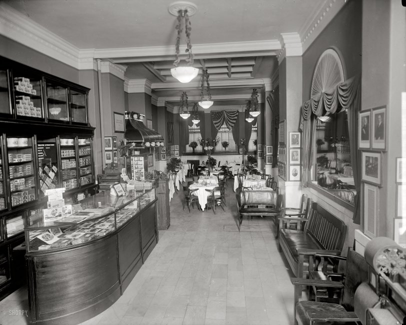 Washington, D.C., circa 1920. "Gus Buchholz, Occidental Hotel interior." A view of the restaurant. Harris &amp; Ewing Collection glass negative. View full size.
