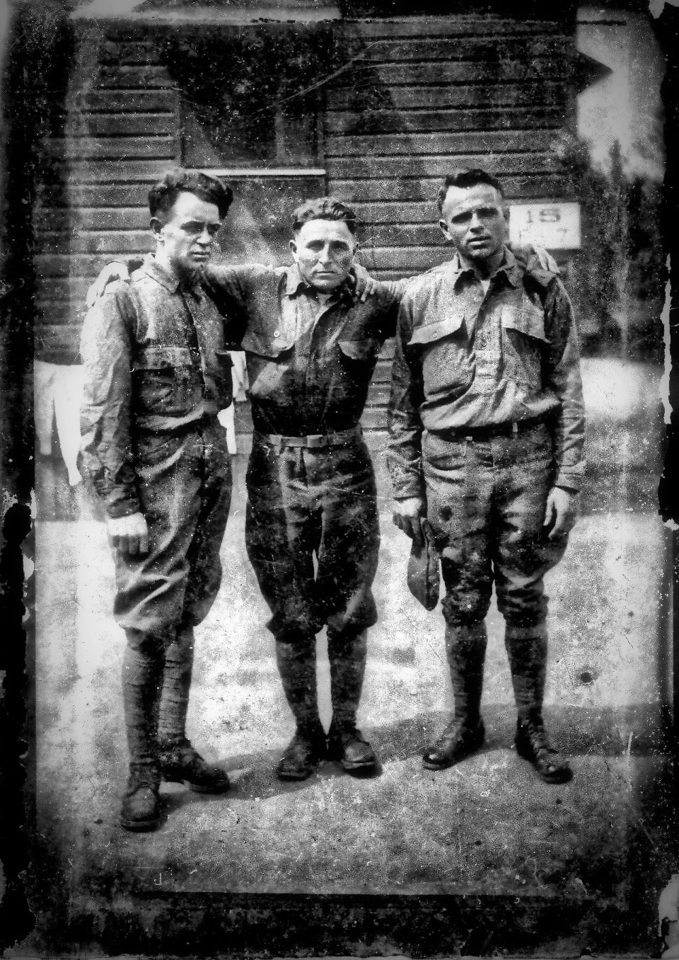 This image of my maternal grandfather Leo C. Ziv (1890-1971) [center] was probably taken during his training at Fort Dix, New Jersey. As part of the American Expeditionary Force the following year, his lungs were burned by a cloud of mustard gas floating into his trench. He had to expectorate into a paper sack for the remaining 53 years of his life. View full size.