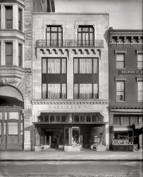 Washington, D.C., circa 1924. "Harris & Ewing. Exterior, new studio." The new offices of "America's studio beautiful" opened in November 1924 at the same F Street address as the previous building (whose ground-floor tenant, Lucio's jewelry store, was the scene of a robbery/arson/suicide-by-cyanide shortly before the building was remodeled). The basement storage vault was said to have held a million glass negatives, the bulk of which were donated to the Library of Congress in 1955. Harris & Ewing Collection glass negative. View full size.