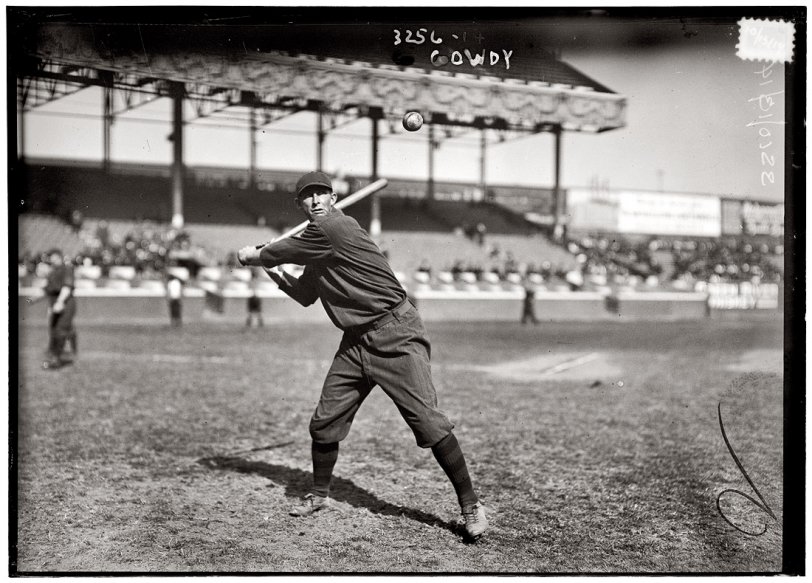 Hank Gowdy of the Boston Braves in a photo dated Oct. 13, 1914, the final game of the World Series. (Although this seems to be at the Polo Grounds and the Series that year was at Fenway Park.) View full size. Geo. Grantham Bain Collection.