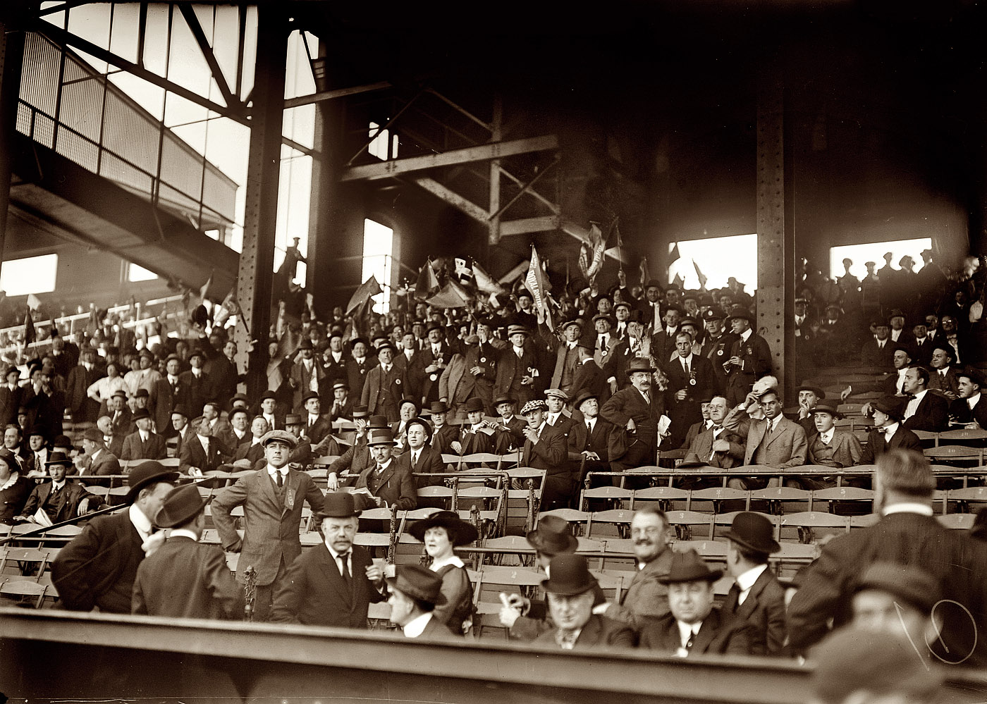 October 9, 1914. Boston rooters at Shibe Park, Philadelphia, at the first game of the 1914 World Series. View full size. George Grantham Bain Collection.