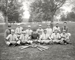 St. Mary's County, Maryland, circa 1920. "Charlotte Hall Military Academy baseball." Harris &amp; Ewing Collection glass negative. View full size.
Spring TrainingThe faces -- they look just like the kids I've coached. 
Nice UniformsThis team's uniforms and equipment are certainly a cut about that of other teams we have seen recently.  All very clean and in good repair.  
Sign them all upThose lads have a very confident look about them, I think they mean business, yessir.
I hadn't seen lettering done vertically before like that. Very slick.
Flaps extendedApparently at CHMA you could major in "ears."
Catcher&#039;s MittWhen I was a tyke back in the '60s, I we had a catcher's mitt like the one shown here. It was my dad's from when he was a kid. He even used it to play catch with me. Sadly it's no longer around.
Were they in the big city?It looks like West Potomac Park.
Right side of the BrainGlad to see that there's at least two southpaws in the bunch.
(The Gallery, Harris + Ewing, Sports)