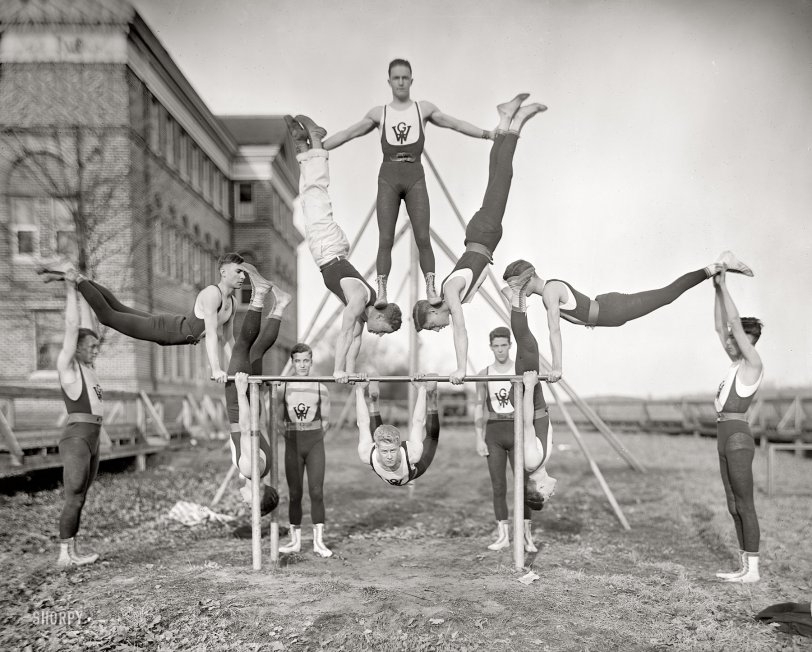 Circa 1910. "Woodberry Forest Gymnasium Team." Prep-school gymnasts from Orange, Virginia. Harris &amp; Ewing Collection glass negative. View full size.
