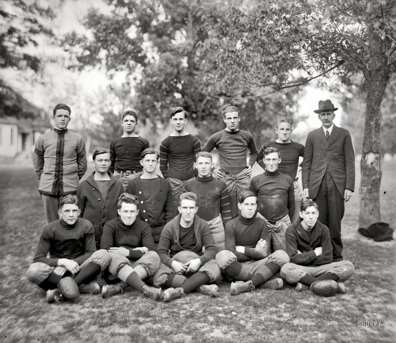 St. Mary's County, Maryland, circa 1920. "Charlotte Hall football." Cadets at the military academy.  Harris &amp; Ewing Collection glass negative. View full size.
