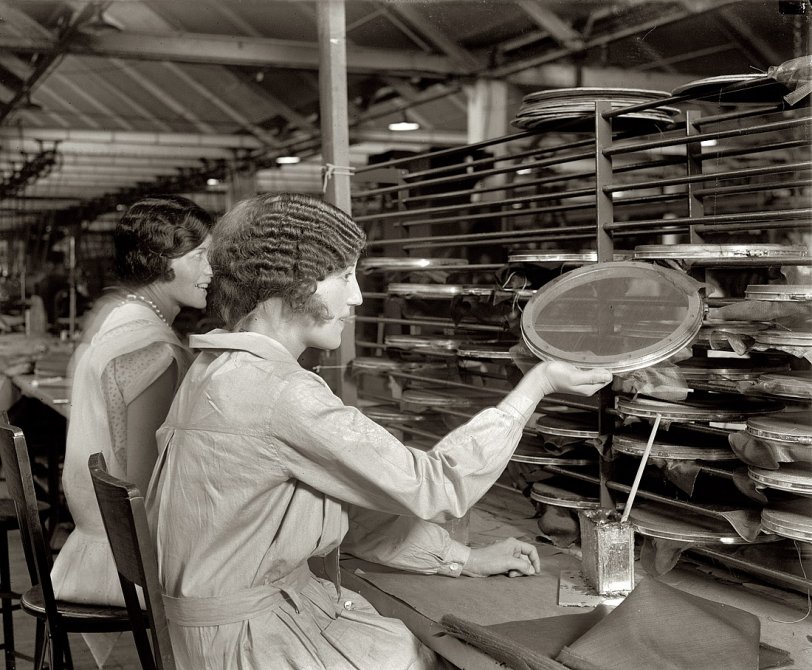1928. Speaker grille assembly at the Atwater Kent radio factory in Philadelphia. View full size. National Photo Company Collection glass negative.
