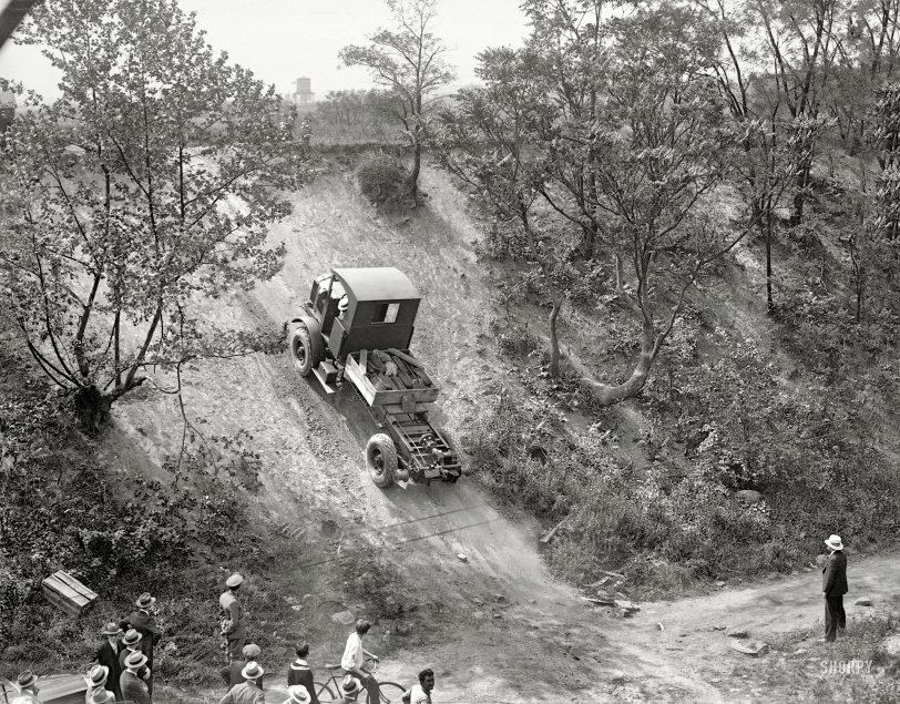 Washington, D.C., or vicinity circa 1928. "Four Wheel Drive hill-climbing demonstration." Our second look at this exciting test of trucks and traction. National Photo Company Collection glass negative. View full size.
