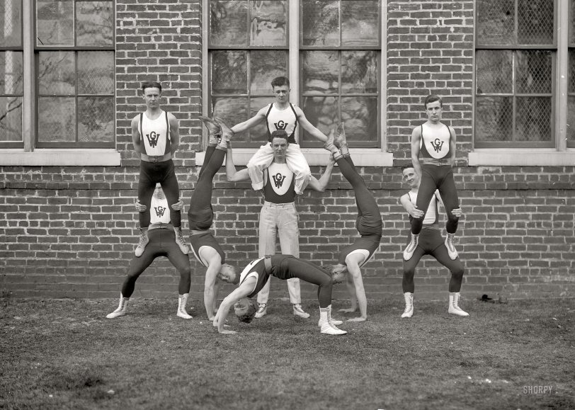 Orange, Virginia, circa 1910. "Woodberry Forest Gym Team." Our third look at these lithe and limber athletes. Harris &amp; Ewing glass negative. View full size.
