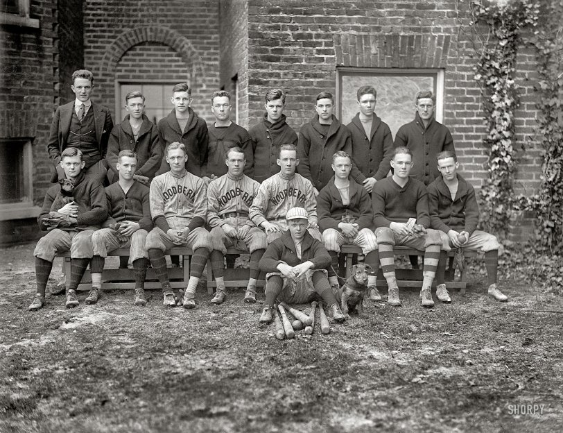 Orange, Virginia, circa 1910. "Woodberry Forest baseball team." And a couple of mascots. Harris &amp; Ewing Collection glass negative. View full size.
