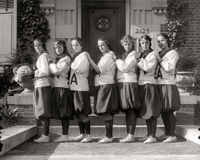 Washington, D.C., circa 1925. "Holton-Arms School, girls' basketball team." The bloomer-clad hoopsters of H-A. Harris &amp; Ewing glass negative. View full size.
