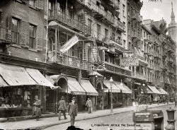 April 12, 1910. "Chinatown after shooting." The Port Arthur teahouse at 9 Mott Street in New York's Chinatown during the tong wars between the Hip Sings and On Leongs. 5x7 glass negative, George Grantham Bain Collection. View full size.
Forget it, Jake.It's Chinatown.
Mott Street TodayWell, on Google Street View you can see a couple of these buildings. I think the Google driver was doing about 50mph though.
I&#039;ll take ManhattanAnd tell me what street compares with Mott Street in July,
Sweet pushcarts gently gliding by.
 - Rodgers &amp; Hart
Soy Kee, Sing Lee, Wing TongThe steeple seen in the top right is still there. The names on the restaraunts have changed. No more Soy Kee or Sing Lee, or Port Arthur. Wing Tong anyone?
Wo HopLooks like about 3 or 4 doors down from current Wo Hop restaurant (if you're a cop, fireman or fat guy like me, you'll know) 
+100Below is the identical view taken in April of 2010.  Many of the buildings in the 1910 view remain.
(The Gallery, G.G. Bain, NYC)