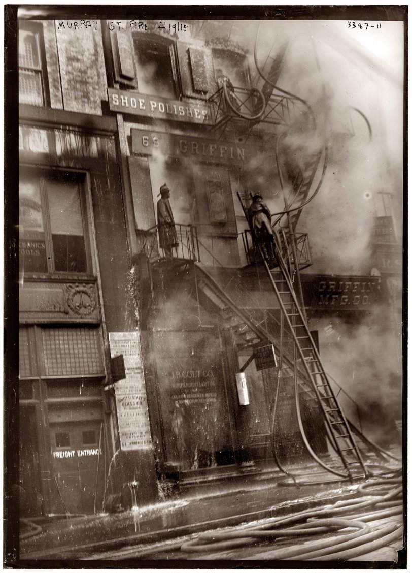 February 19, 1915: "Murray Street Fire" in Manhattan. Who can help us fill in the details? View full size. 5x7 glass negative, George Grantham Bain Collection.