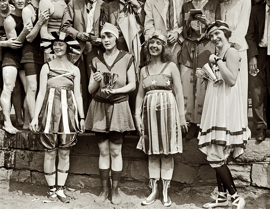 July 26, 1919. Washington, D.C. Swimsuit "bathing beach parade" at the Tidal Basin. View full size. National Photo Company Collection glass negative.