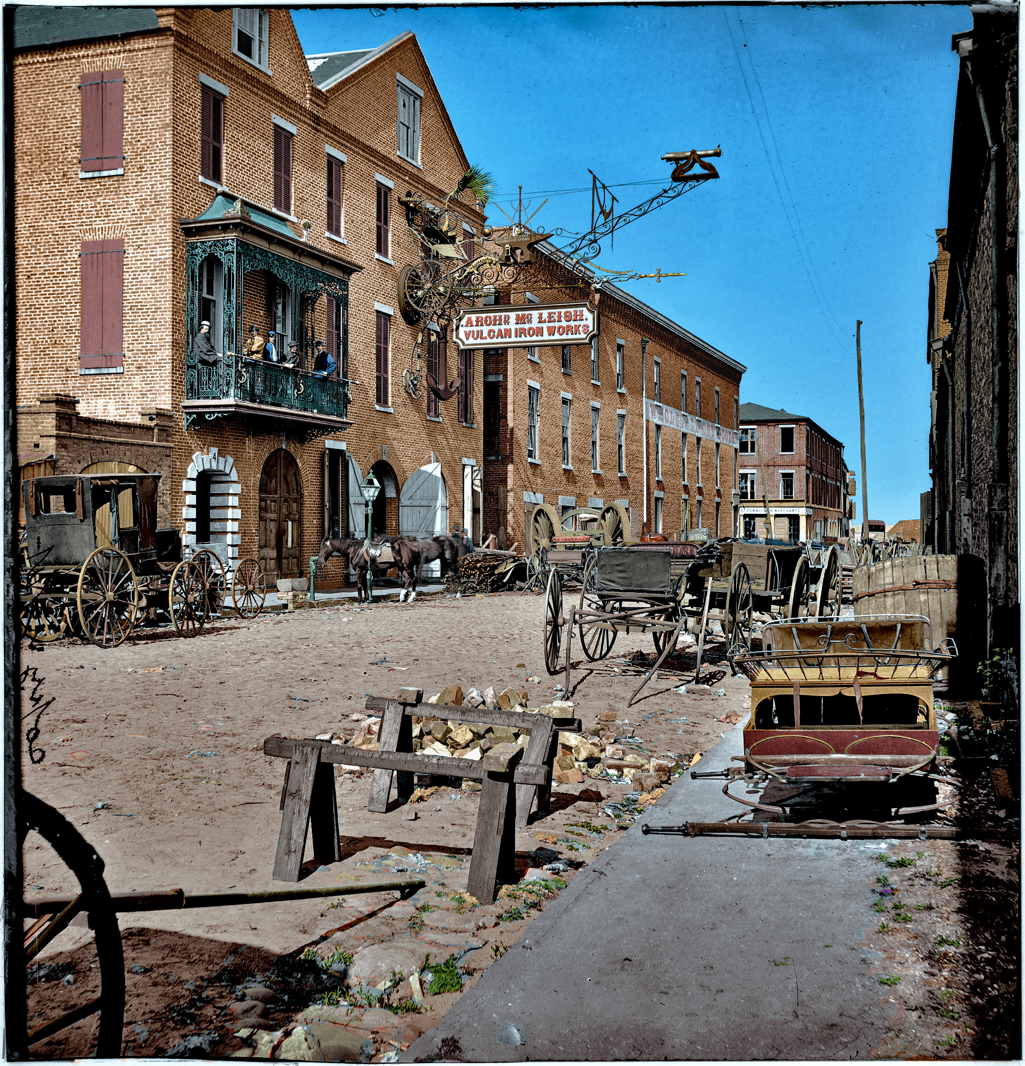 Colorized from this Shorpy original. This is my second attempt at colorizing a Civil War image. Since I had no color photos to base my color choices on, I had to rely on Civil War movie set photos and Civil War era antiques. To break the monotony of browns in this image, and as an eye candy, I made the right side wagon (which seems to be an abandoned higher quality coach) a more colorful one then the others. I wish I could see that crazy iron contraption in real life. That would really make my day. View full size.