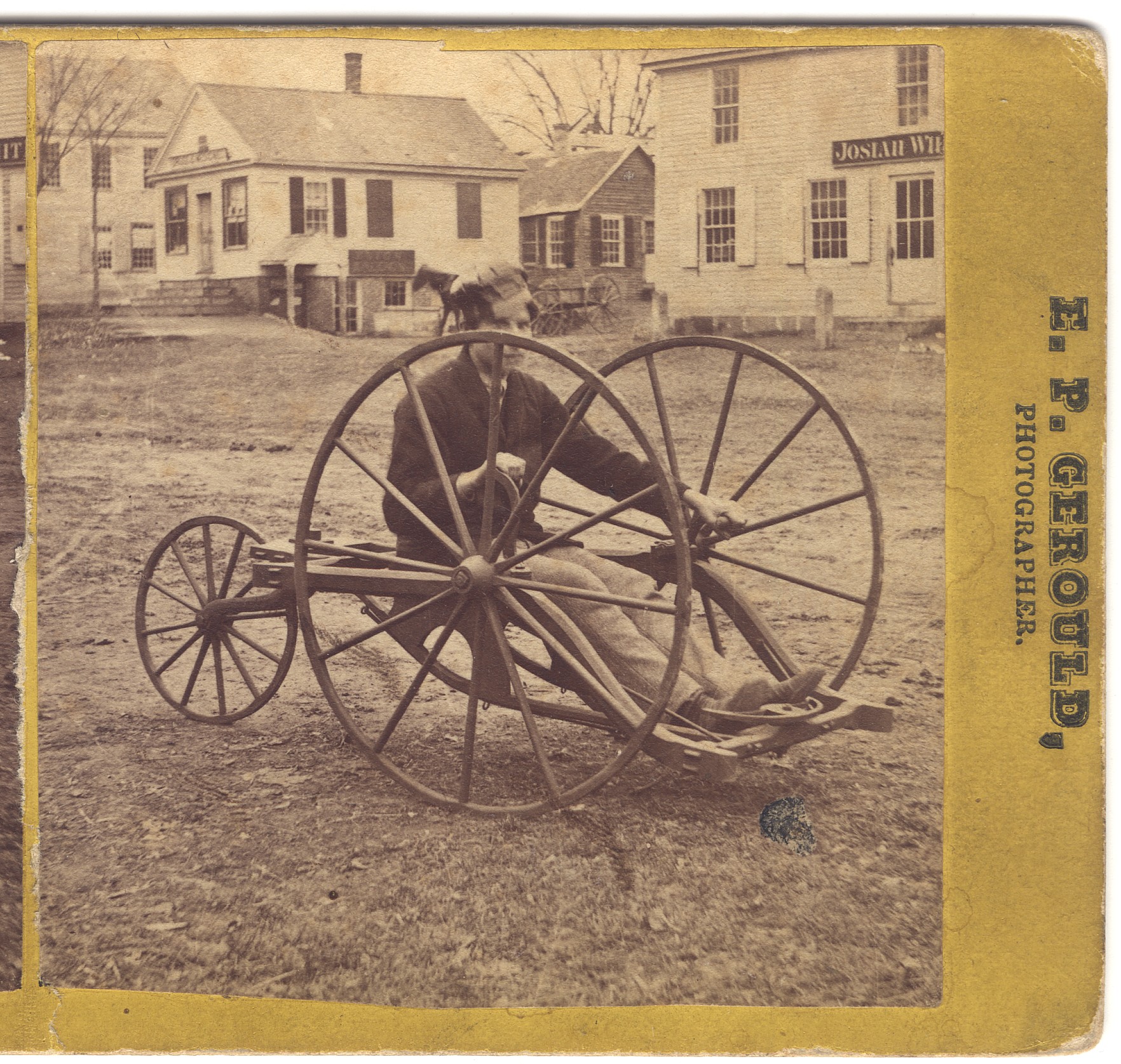 A highly unusual Open Front, Hand Propelled Lever Driven Velocipede Tricycle.  Date is ca 1867 but likely earlier.  Steering is with the feet controlling the front wheels. One half of an Albumen Stereoview.  Rider identified on the reverse as C.A. Way of Charlestown, New Hampshire.  These types of vehicles were all a part of the historic development of the cycle to the modern bicycle as we know it today. View full size.