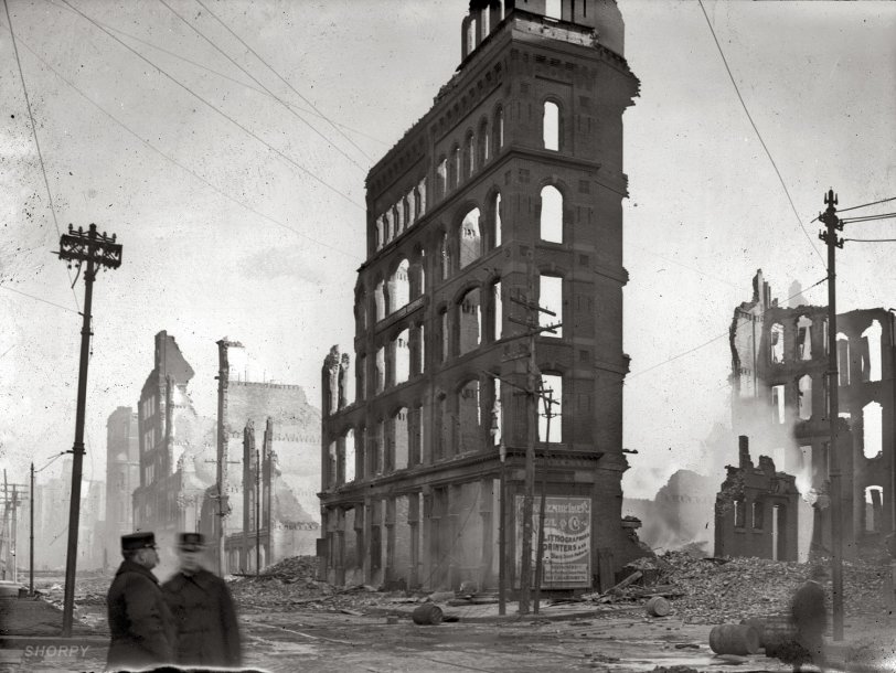 Great Baltimore Fire of 1904. "Liberty &amp; Lombard Streets, southwest limit of fire." National Photo Company Collection glass negative. View full size.
