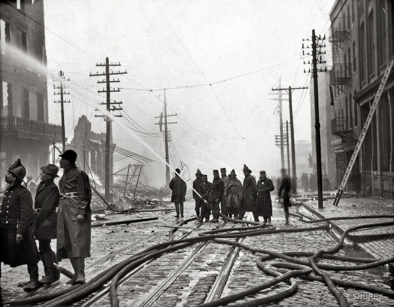 "Great Baltimore Fire of 1904. Fighting the fire on Baltimore Street." The first in a series of photographs from the fire, which burned for two days in February 1904, consuming much of downtown Baltimore. National Photo Company Collection glass negative, Library of Congress. View full size.
