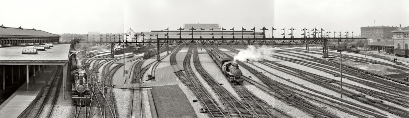Circa 1908, Washington, D.C., Union Station, Switch yards, the parts of the beautiful panorama stuck together, with the help of my good old MGI PhotoSuite version 8.05 for Windows95!. View full size.
