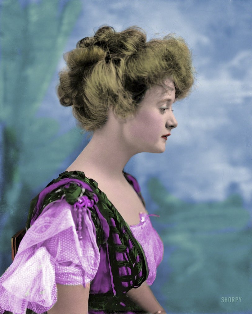 Colorized from this Shorpy original. Miss Billie Burke 1908 Washington, D.C. Classy lady. View full size.

