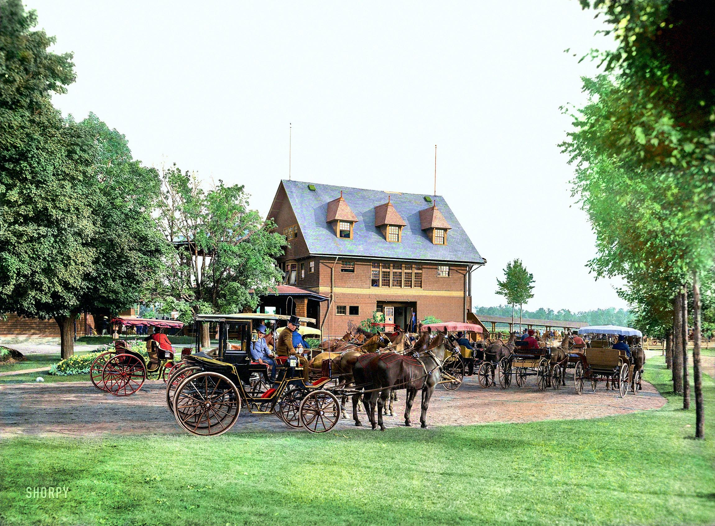 My colorized version of this Shorpy photo, using GIMP software. I could find no historic references to the original color of the clubhouse, so I guessed by the density of grays that it was probably brown or tan.

This colorization is about 10 hours work. There are so many spokes and horse legs and brakes and leaf springs in some places, I had a hard time figuring out what color to make things or where one thing stopped and other thing started. 