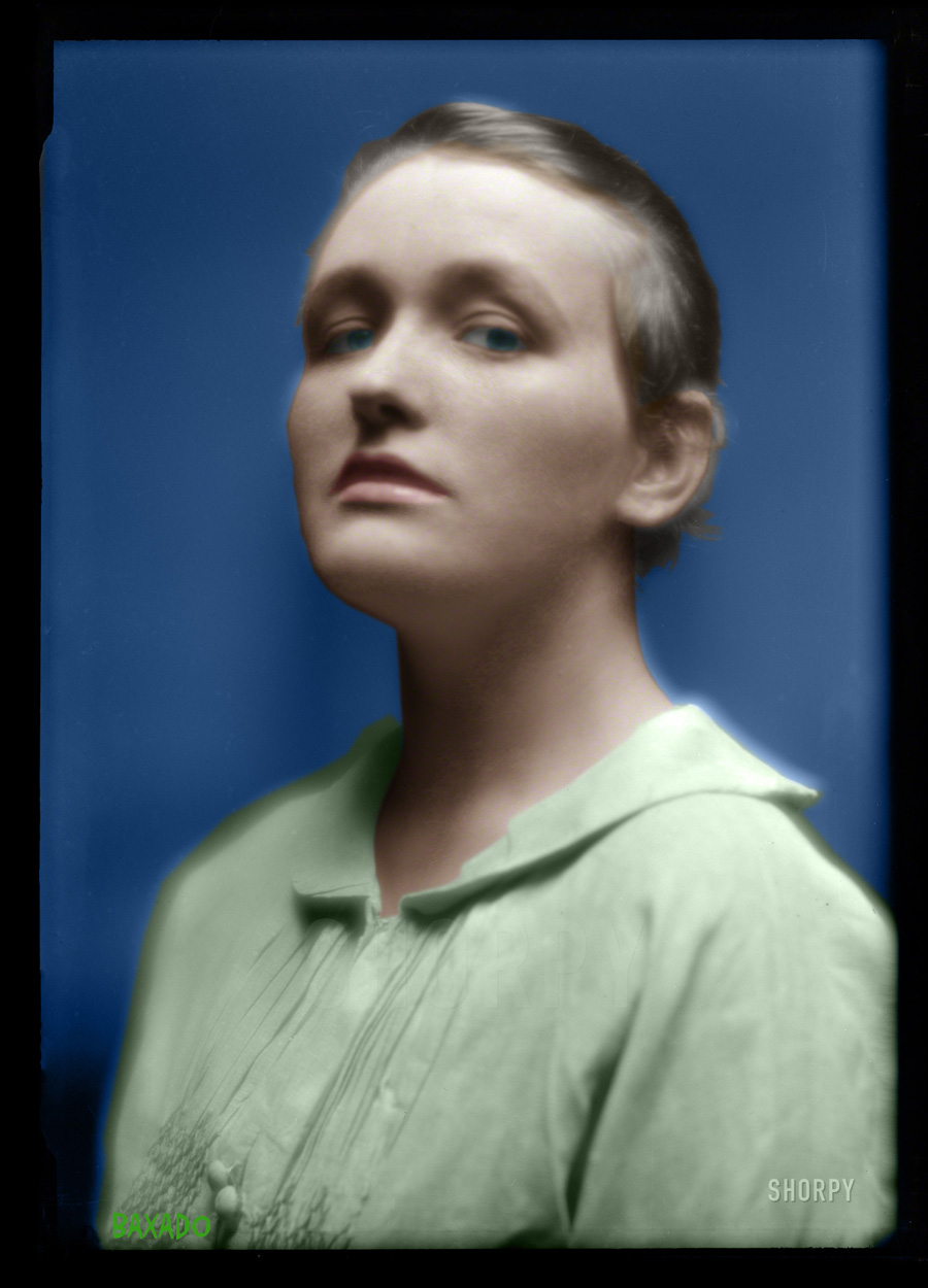 Colorized from this Shorpy original. I agree that in B&W it looks a little spooky. Looks a little better in color. Still haughty though. View full size.