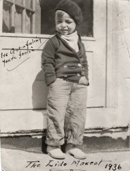 This is my Dad, aged 3, on vacation in Rockaway Beach, 1936. It was either my grandmother or grandfather who inscribed the popular hit song of 1936, "I've Got a Feelin' You're Foolin'" on the photo, as well as "The Lido Mascot" - Lido was the name of the family hotel in the Rockaways. 
Dad is dressed rather warmly for the Miami climate, which suggests it was indeed wintertime, and perhaps even chilly, even for these native New Yorkers. View full size.
(ShorpyBlog, Member Gallery)