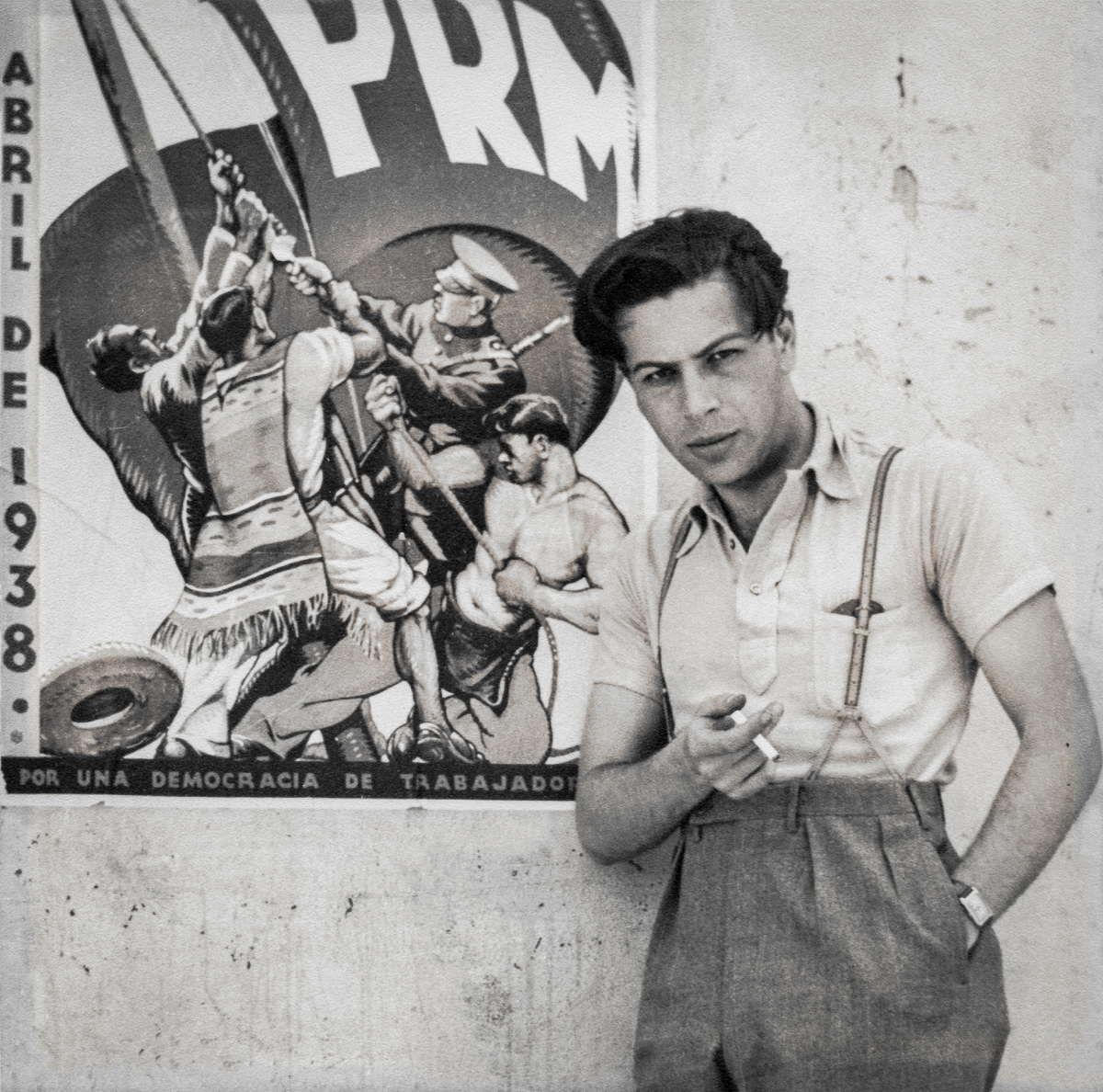 My father, Gene Kern, striking a pose in 1938 in front of a campaign poster for el Partido de la Revolución Mexicana, a predecessor to the current Partido Revolucionario Institucional (PRI).  He was 24 and an aspiring actor, and perhaps intended to use this photo for publicity purposes.  Or maybe he just couldn't resist the opportunity.  The photograph was probably made by a buddy, Pat Miller, who accompanied him on the trip to México and always shot with a Rolleiflex, hence the square format. View full size.