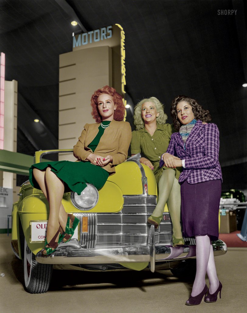 Colorized from this Shorpy original. My entry to this colorized photo. Redhead (still) and other ladies. Chose Lemon Yellow for the car though. View full size.
