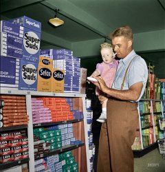 Colorized from this Shorpy original. I used the new effects in Photoshop CC, especially on the hair of the baby and the man. Finding the correct colors for the soap and suds was a trial though. View full size.