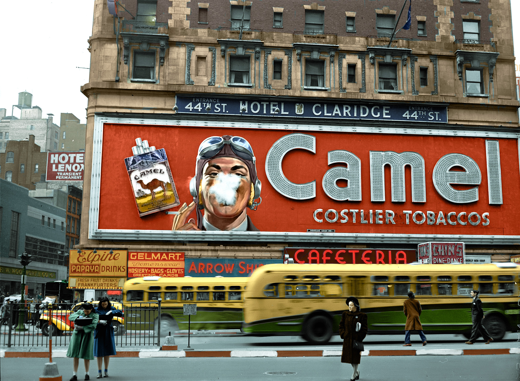 Another Times Square photo from 1943 by John Vachon, colorized. I hope you all enjoy this one as much as I did. Note the lights left on on the second floor. These are the small things that bring a photo to life. View full size.