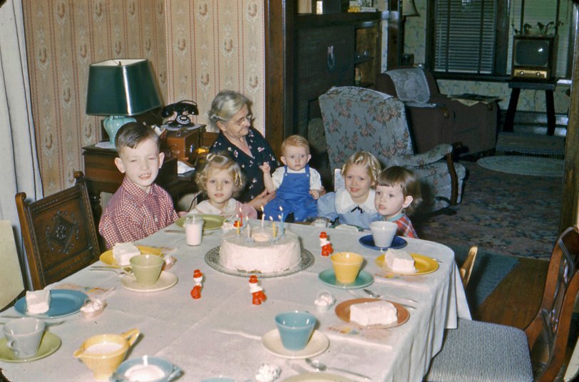 My cousins, Oak Park, Illinois. 1953. Tom (left) is the Birthday Boy. 35mm slide. View full size. The living room was seen earlier in this post.
