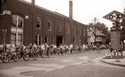 A companion photo to one posted earlier here, taken during a bicycle registration event in Lafayette, Indiana in 1954. Wally and The Beav are surely in there somewhere. View full size.
No bikeThere's something unutterably sad about that kid on the right leaning against the sign who, unlike all the other kids in the photo, doesn't have a bike.
(ShorpyBlog, Member Gallery)