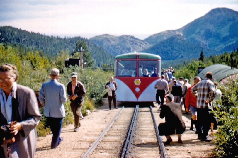 Taken by my grandfather, Glenn Carlyle, while vacationing in in 1957. Not sure what's happening here. Is this a breakdown, or a station stop? View full size.
