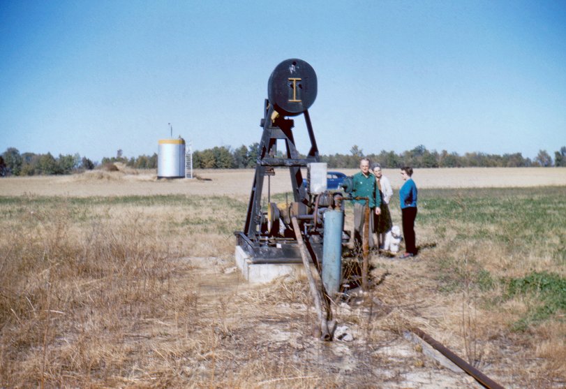 My great-uncle, J.C. Carlyle checking out an oil pump. Location uncertain, but could be in the vicinity of Carlyle, IL. Taken in 1959 by my grandfather Glenn, J.C.'s brother. View full size.
