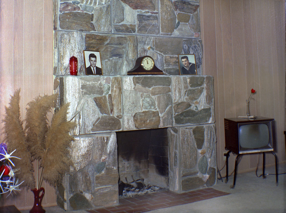 This picture was taken after my great grandpa finished building the fireplace in 1962. The house is in Los Angeles. Scanned from a Kodak safety negative. View full size.