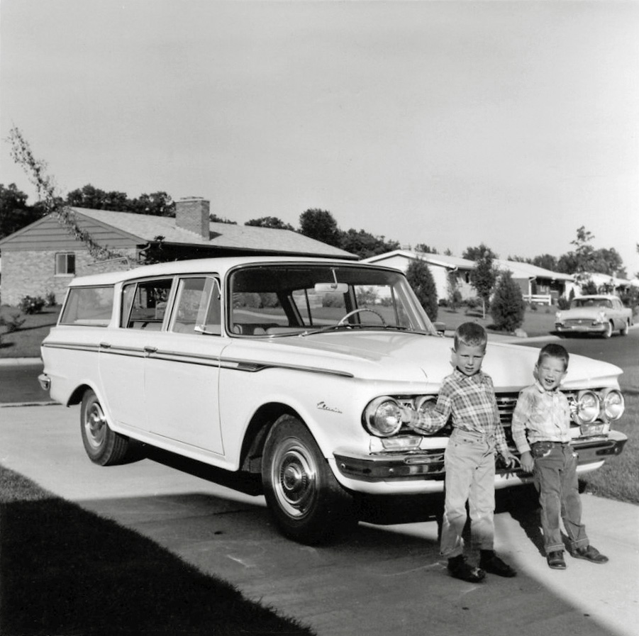 South Bend, Indiana. My brothers with the brand-spanking-new "Sonata Blue" (light blue) Rambler station wagon our parents bought shortly before I was born. View full size.