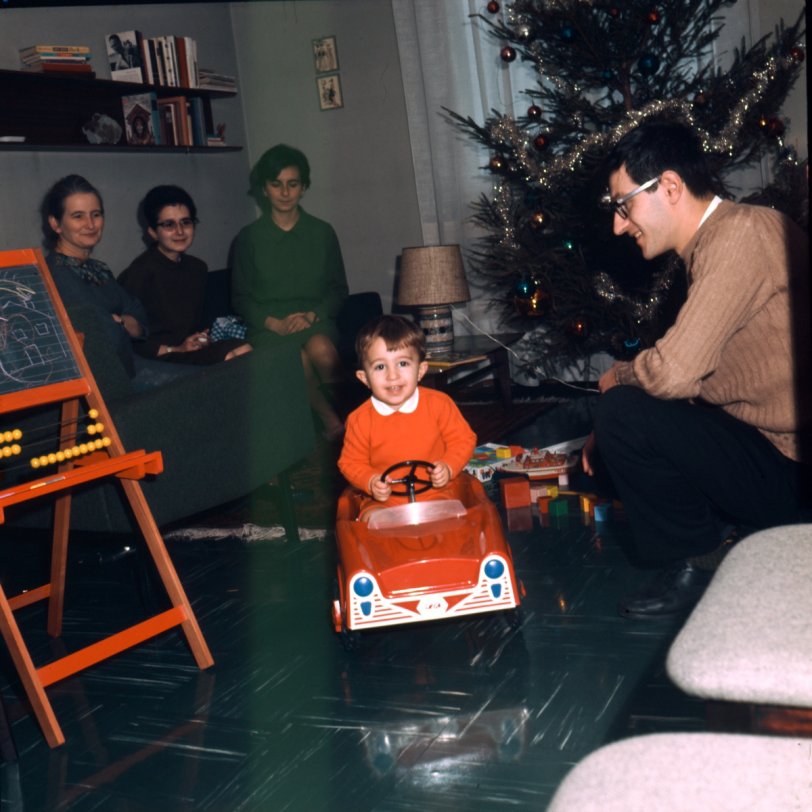 This is a scan from an original Kodachrome 6X taken on Christmas 1967. That is me in the new car, my Father, my Mom, aunt and grandma. View full size.
