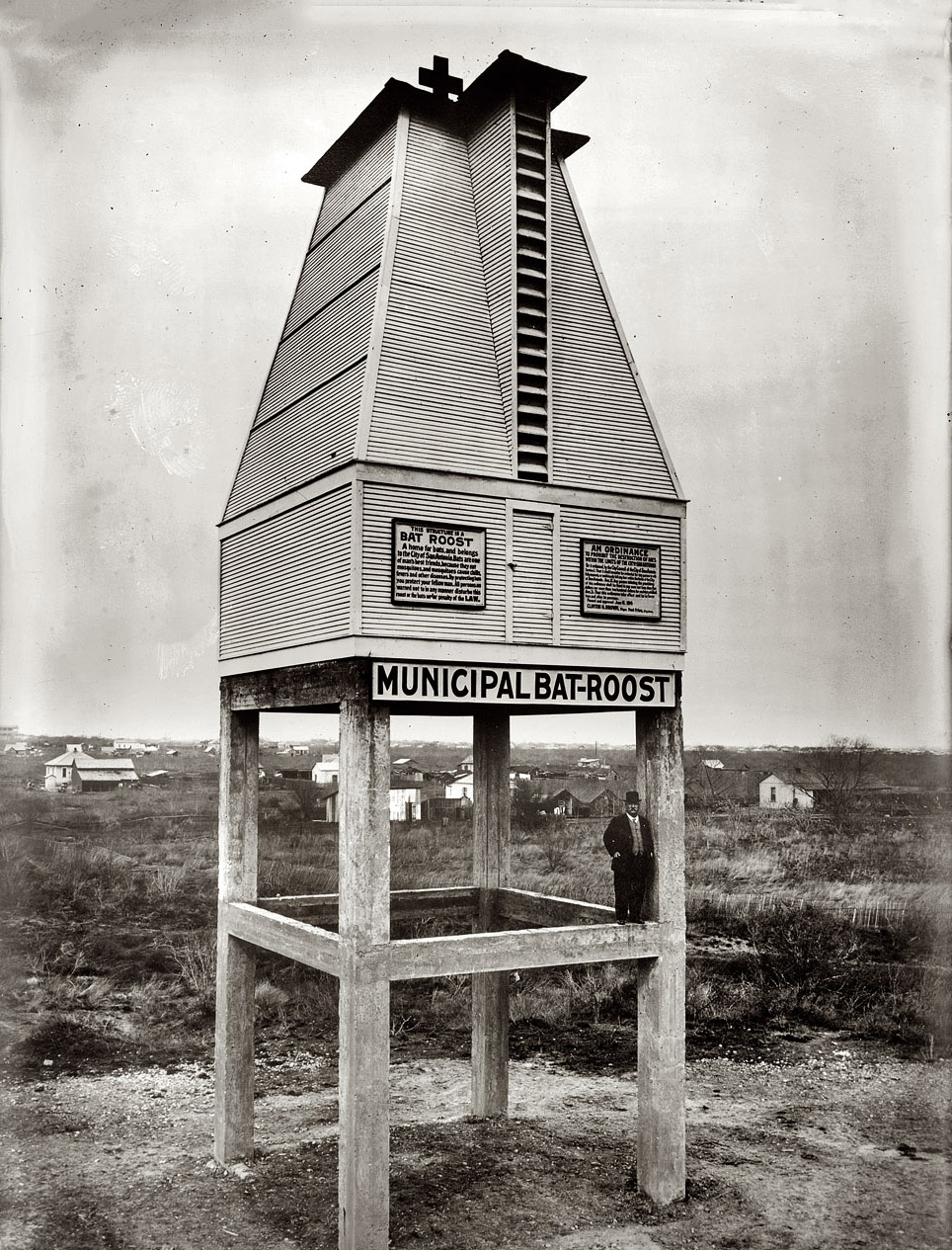 1914. Dr. Charles Campbell and a "municipal bat-roost" in San Antonio, Texas ("for one of man's best friends"), his idea for mosquito control at a time when malaria was a major public health problem in the U.S. Disguised as a favorite bat habitat — a church steeple, complete with cross — the roost was fitted with a trapdoor and stilts to facilitate the harvesting of guano by the wagonload for use as fertilizer. 5x7 glass negative, Bain News Service. View full size.
