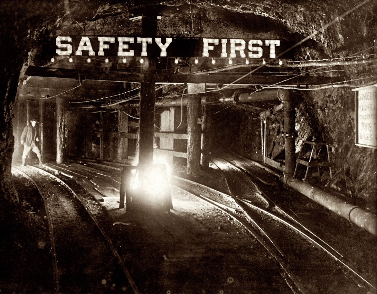 "Safety sign in coal mine" circa 1915. View full size. National Photo Company.