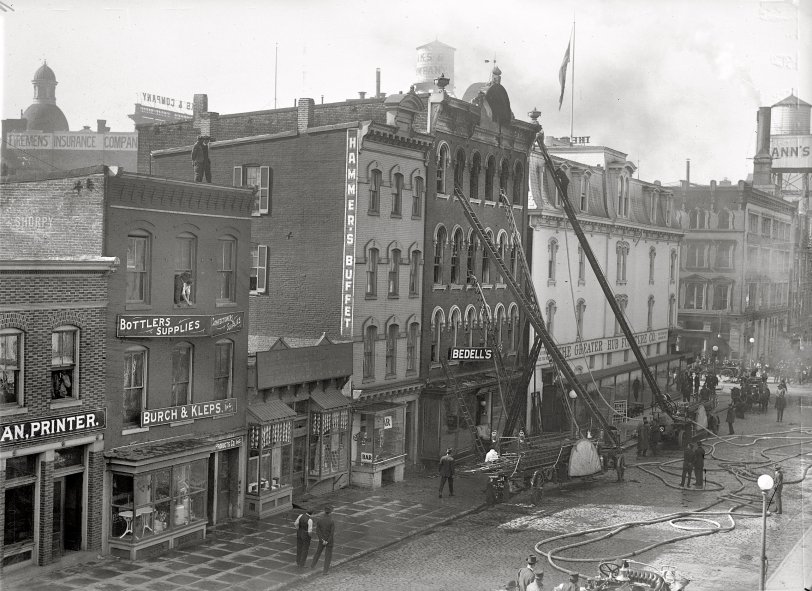 October 23, 1915. Washington, D.C. "Bedell fire, Seventh &amp; D streets." Bedell Manufacturing made mattresses. Three years after a fire in 1912, R.P. Andrews Paper has vacated its D Street premises, but the block still seems unusually combustible. National Photo Company Collection glass negative. View full size.
