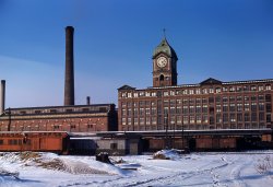 Ayer Mill clock tower, Lawrence, Massachusetts. January 1941. View full size. 4x5 Kodachrome transparency by Jack Delano.
