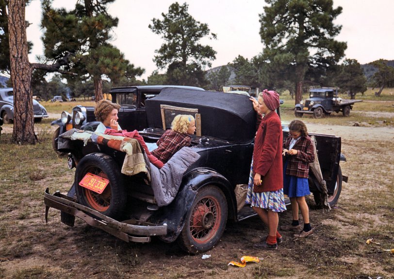 September 1940. "At the fair, Pie Town, New Mexico." An old coupe with rumble seat. What kind of car is this? Kodachrome by Russell Lee. View full size.