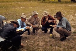 September 1940. "Men of the community of Pie Town, New Mexico, eating at the barbeque." Kodachrome transparency by Russell Lee. View full size.